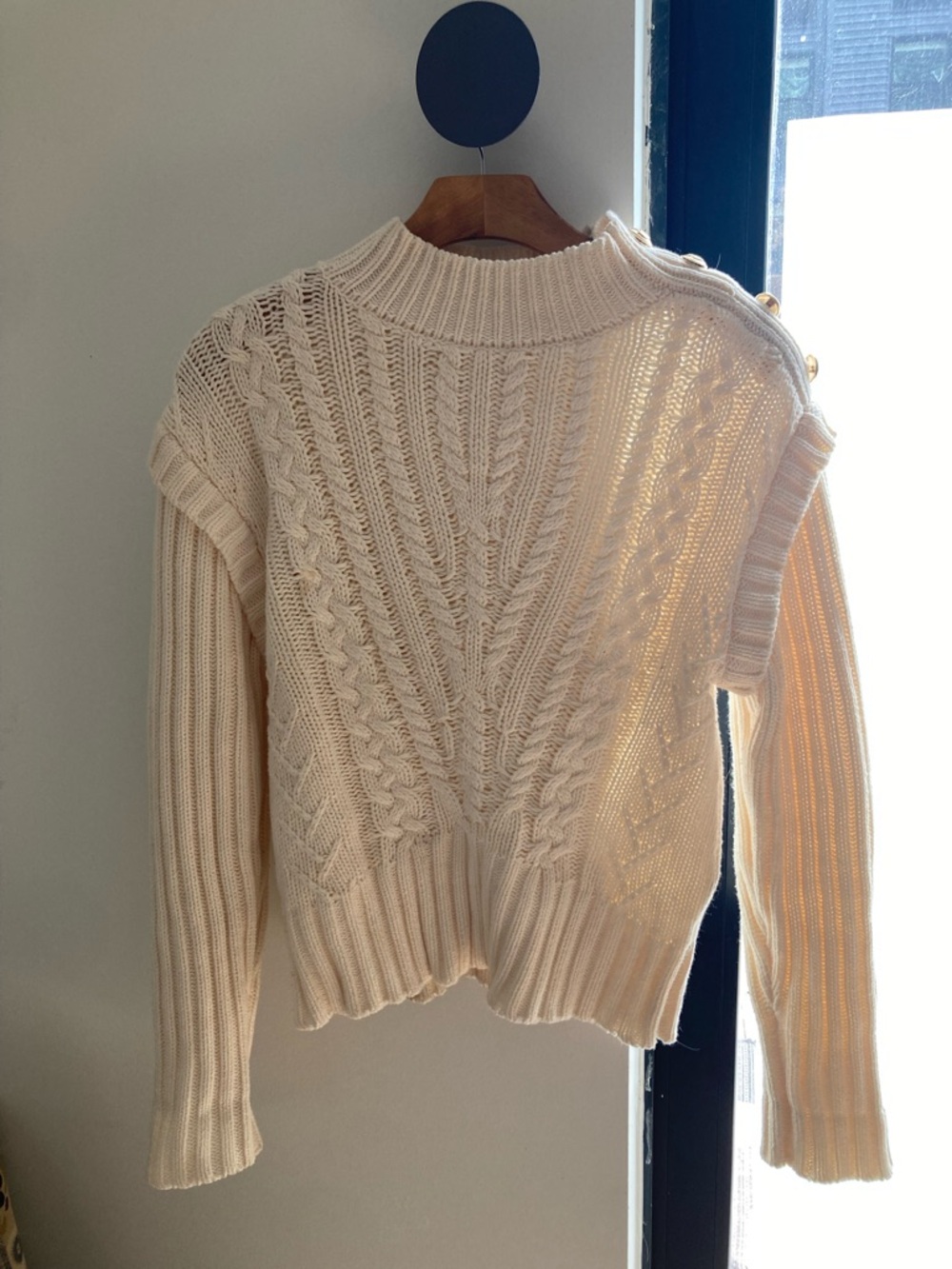 Women’s Cream Cable Knit Sweater with Button Shoulder Detail